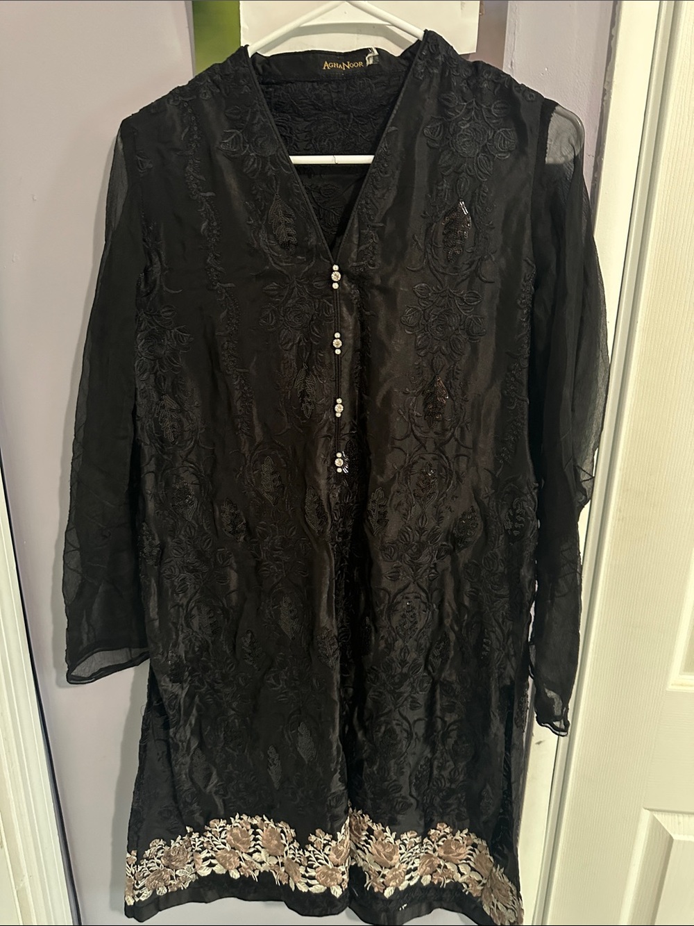 Elegant Black Embroidered Tunic with Pearl Buttons